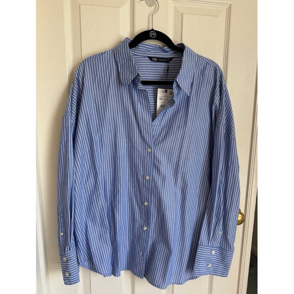 NWT ZARA Shirt Womens XXL Blue White Striped Buttonup Cotton Collared Longsleeve